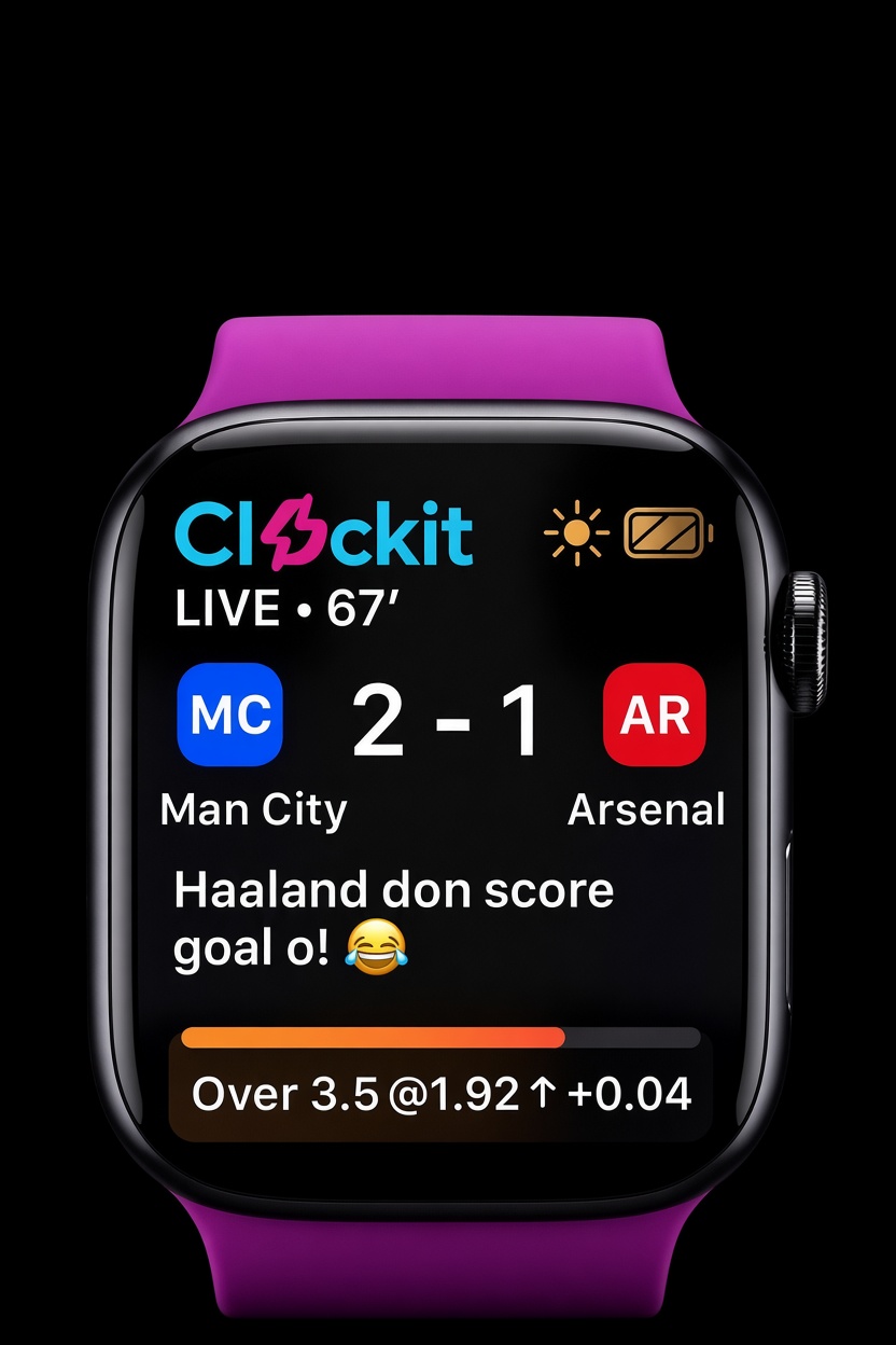 Clockit smartwatch showing a live Man City vs Arsenal score