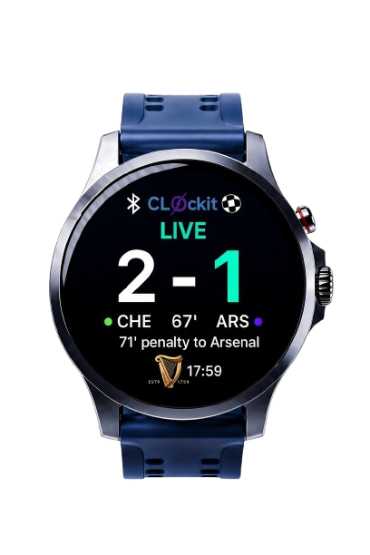 Clockit round smartwatch showing live Chelsea vs Arsenal penalty update
